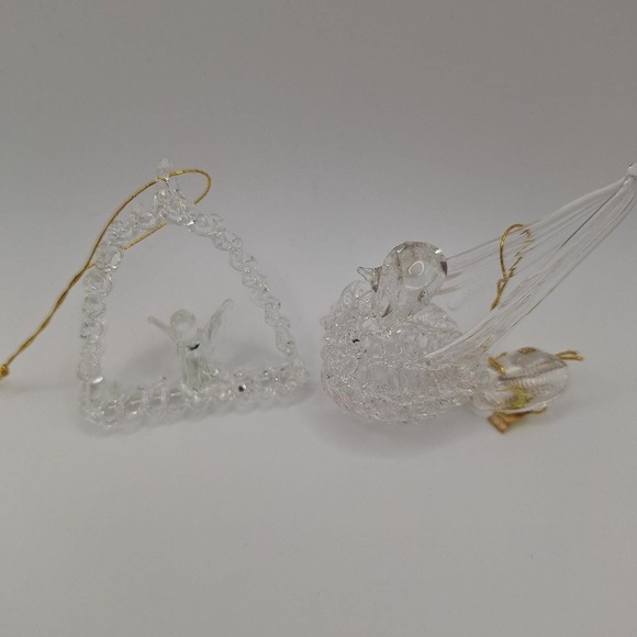 Other - Vintage Spun Glass Christmas Ornaments Set 2 Clear Birds Spaghetti Glass